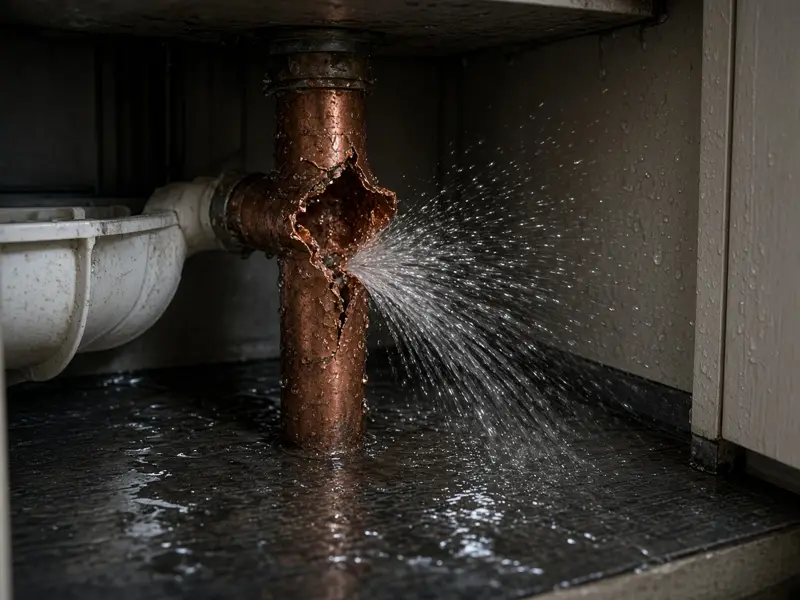 Split copper pipe spraying water inside a sink cabinet