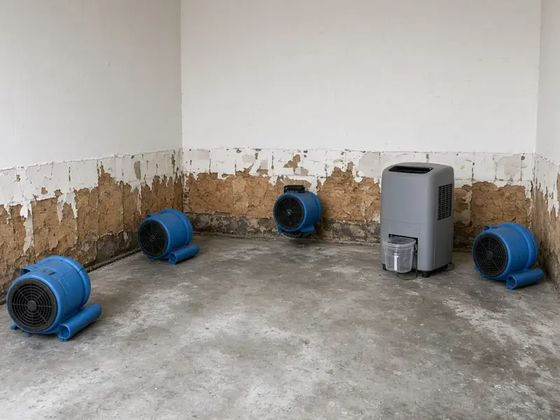 Air movers and a dehumidifier drying a room after the lower drywall was cut away